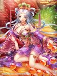  anklet bare_legs barefoot bra bracelet flower hair_flower hair_ornament hobak japanese_clothes jewelry kimono long_hair official_art original sitting solo tenka_touitsu_chronicle tied_hair underwear white_hair yokozuwari 