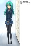  blue_eyes blue_hair blush highres long_hair original pantyhose school_uniform seiji_(062d070) solo tattoo 