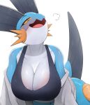 absurd_res anthro bent_over big_breasts biped blue_body bra breasts cleavage clothed clothing female generation_3_pokemon half-closed_eyes hi_res huge_breasts kaiske2 narrowed_eyes nintendo pokemon pokemon_(species) simple_background smile solo sports_bra swampert tail thick_thighs underwear white_background wide_hips