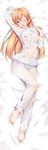  barefoot bed_sheet blonde_hair blush breasts chef_uniform dakimakura ello full_body long_hair lying medium_breasts nakiri_erina on_back one_eye_closed open_mouth purple_eyes see-through sheet_grab shokugeki_no_souma solo toes 