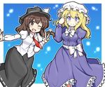  ;d blonde_hair blush breasts brown_eyes brown_hair dress eruru_(erl) hat highres long_hair long_skirt looking_at_viewer maribel_hearn medium_breasts multiple_girls one_eye_closed open_mouth skirt smile touhou usami_renko v 