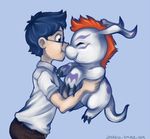  claws clocky_(artist) clothing cute digidestined digimon duo gomamon human joe_kido kissing mammal seal 