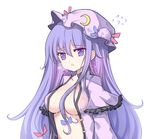  bow breasts chestnut_mouth collarbone hair_between_breasts hair_bow hat long_hair looking_at_viewer medium_breasts open_clothes patchouli_knowledge purple purple_eyes purple_hair purple_hat simple_background solo sparkle sweat sweatdrop touhou upper_body very_long_hair vils white_background 