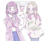  2girls :d arched_bangs arm_behind_back black_eyes blonde_hair blue_pants brown_eyes cardigan closed_mouth hair_ornament hairclip heart highres lacey_(pokemon) long_hair looking_at_viewer medium_hair mina_(pokemon) multiple_girls open_cardigan open_clothes open_mouth own_hands_together paint_in_hair paint_on_clothes pants parted_bangs pink_cardigan pink_hair pokemon pokemon_sm pokemon_sv remoooon shirt smile white_background white_shirt 