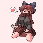  1girl absurdres barefoot black_shirt blue_bow blush bow breasts capelet hair_between_eyes heart highres kasuya_baian large_breasts looking_to_the_side medium_hair pink_background red_capelet red_eyes red_hair red_skirt sekibanki shirt sitting skirt solo spoken_heart touhou wariza 