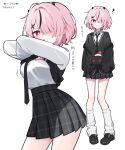  1girl absurdres black_necktie hair_ornament hair_over_one_eye hairpin highres looking_at_viewer medium_hair necktie one_eye_covered original pink_eyes pink_hair shirt simple_background thighs translation_request waka_(wk4444) white_background white_shirt 