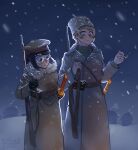  2girls :o absurdres ammunition_pouch arisaka artist_name asano_brigade belt belt_buckle black_gloves black_hair blonde_hair blue_eyes blush bolt_action brown_belt brown_coat brown_eyes buckle button-down_collar buttons cigarette coat dated double-breasted fluffkaiser frown fur_collar fur_hat glasses gloves gold_buttons greatcoat green_jacket gun gun_sling hat high_collar highres holding holding_cigarette holding_gun holding_sword holding_weapon imperial_japanese_army jacket katana lapels leather_belt looking_at_another military military_uniform mosin-nagant multiple_girls night notched_lapels original outdoors peaked_cap ponytail pouch purple_hair rifle round_eyewear russia russian_civil_war sam_browne_belt scabbard shashka sheath sheathed short_hair sidelocks signature snow snow_on_clothes snow_on_head snow_on_headwear snowing soldier star_(symbol) sword sword_comparison ushanka vk_username weapon weapon_comparison white_army white_movement winter winter_clothes winter_uniform 