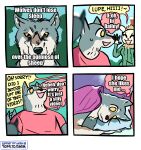 2025 4_panel_comic anthro bed bedding biped black_text black_text_border blanket blonde_hair blue_background bovid canid canine canis caprine clothing color_coded color_coded_speech_bubble color_coded_thought_bubble comic countershade_face countershade_fur countershade_neck countershading dialogue digital_media_(artwork) duo english_text eyes_closed female fur furniture gesture green_background green_clothing green_sweater green_topwear grey_body grey_fur hair head_on_pillow hi_res humor impact_(font) irony male mammal motion_lines multiple_angles open_mouth open_smile outside pillow pink_speech_bubble plant purple_blanket red_clothing red_shirt red_topwear sheep shenanigansen_(artist) shirt simple_background sky smile speech_bubble spelling_error sweater tail tail_motion tailwag tan_body tan_fur text thought_bubble topwear tree under_covers url waving white_body white_fur white_text wolf wool_(fur) yellow_body yellow_eyes yellow_fur yellow_sclera yellow_speech_bubble