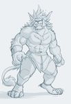  abs biceps big_muscle body_hair clothed clothing feline fluffy grin half-dressed happy_trail horn looking_at_viewer male mammal muscular muscular_male pecs smile standing takemoto_arashi topless 