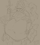 2025 abdominal_bulge armor belly big_belly blitzit dark_souls dragonslayer_ornstein fatal_vore fromsoftware hand_on_belly hi_res huge_belly humanoid male male_pred melee_weapon monochrome navel polearm rumbling_stomach signature simple_background solo spear standing vore weapon