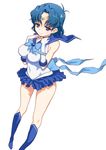  bishoujo_senshi_sailor_moon blue_eyes blue_footwear blue_hair blue_sailor_collar boots breasts diadem hirose_(mokiki) knee_boots large_breasts mizuno_ami ribbon sailor_collar sailor_mercury sailor_senshi_uniform short_hair smile solo 