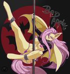  2015 anthro anthrofied areola arnachy bat_pony bat_wings big_breasts breasts clothed clothing cutie_mark dancing english_text equine female flutterbat_(mlp) fluttershy_(mlp) friendship_is_magic hair long_hair looking_at_viewer mammal my_little_pony navel nipples pink_hair pole pole_dancing solo text underwear wings 