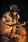  1girl baseball_cap black_pantyhose brown_hair campfire closed_eyes english_commentary fur-trimmed_jacket fur_trim glasses green_jacket guitar hair_between_eyes hat high_ponytail highres holding holding_guitar holding_instrument indie_virtual_youtuber instrument jacket kara_wilderwood long_hair music night on_log open_mouth pantyhose playing_instrument ponytail reze_(rewindze) sitting solo virtual_youtuber 