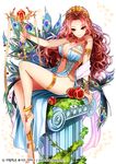  anklet armlet bare_legs barefoot barefoot_sandals breasts cleavage column curly_hair dress earrings fantasy food fruit grass greek_mythology green_eyes hera_(mythology) interitio jewelry large_breasts long_hair no_pants official_art original peacock_feathers pillar pomegranate red_hair sid_story sitting smile solo staff tiara wavy_hair 