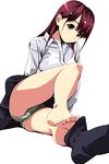  barefoot blush brown_eyes brown_hair eyebrows_visible_through_hair feet foot_hold foreshortening highres long_hair matsunaga_kouyou original panties pantyshot pantyshot_(sitting) school_uniform single_sock sitting skirt sock_pull socks soles solo toes underwear upskirt 