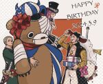  1girl 2boys beard black_hair bouquet box coat commentary_request cowboy_shot dated dracule_mihawk f4ylu facial_hair gift gift_box green_hair green_kimono hat highres holding holding_bouquet japanese_clothes kimono multiple_boys mustache one_piece perona pink_hair roronoa_zoro stuffed_animal stuffed_toy sword sword_on_back teddy_bear weapon weapon_on_back 