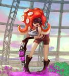  armor belt bent_over bike_shorts boots breasts fingerless_gloves gloves goggles long_hair mask medium_breasts octarian octopus octoshot_(splatoon) open_mouth plant red_hair satarou solo splatoon_(series) splatoon_1 super_soaker takozonesu tentacle_hair 