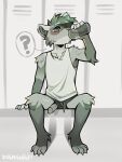 3:4 anthro athletic_wear bodily_fluids bottle bottomwear clothing container domestic_ferret drinking duskihorns ear_piercing erection front_view genitals glans gym_bottomwear gym_shorts hi_res humanoid_genitalia humanoid_penis locker_room male mammal mustelid musteline penis penis_poking_out penis_through_leghole piercing shirt shorts solo sweat sweatdrop tank_top topwear true_musteline water_bottle weasel