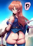  1girl armlet armor ass bad_link belt blue_armor blue_thighhighs breasts brown_eyes brown_gloves brown_hair closed_mouth daisy_(dq) dragon_quest dragon_quest_yuusha_abel_densetsu fake_horns gloves helmet highres horned_helmet horns jewelry long_hair looking_at_viewer solo sword thighhighs tukiwani weapon 