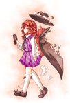  bow brown_hair cape cellphone dissolving_clothes dress glasses hat hat_bow long_sleeves low_twintails mumumu phone purple_dress shirt solo touhou twintails usami_sumireko walking 