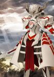 1girl arm_armor armor armored_boots boots breastplate clarent_(fate) covered_face fake_horns fate/grand_order fate_(series) feet_out_of_frame full_armor helmet holding holding_sword holding_weapon horned_helmet horns juliet_sleeves konoe_ototsugu legs_apart long_sleeves mordred_(fate) mordred_(fate/apocrypha) official_art overcast puffy_sleeves red_shirt secret_of_pedigree_(fate) shirt shoulder_armor sky solo standing sword third-party_source variant_set weapon 