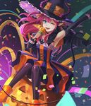  asymmetrical_horns blue_eyes claws confetti detached_sleeves dress elizabeth_bathory_(fate) elizabeth_bathory_(fate)_(all) elizabeth_bathory_(halloween)_(fate) fate/extra fate/extra_ccc fate/grand_order fate_(series) highres horns kkkok_a long_hair microphone one_eye_closed pink_hair pointy_ears pumpkin smile solo tail thighhighs twitter_username two_side_up 