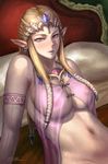  artist_name bed blonde_hair blue_eyes breasts covered_nipples earrings jewelry large_breasts lips long_hair looking_at_viewer midriff navel nipples open_mouth pointy_ears princess_zelda see-through sgk the_legend_of_zelda the_legend_of_zelda:_twilight_princess upper_body 