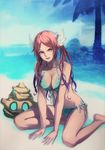  akikazu_mizuno arm_support beach bikini breasts cleavage day front-tie_top hair_ornament head_wings large_breasts long_hair looking_at_viewer multicolored_hair open_mouth orange_eyes orange_hair palm_tree phantasy_star phantasy_star_online_2 purple_hair quna_(pso2) side-tie_bikini sitting smile solo swimsuit tree twintails 