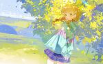  1girl :d absurdres aqua_sweater arms_behind_back axleaki blonde_hair blue_skirt day fujita_kotone gakuen_idolmaster grass hair_ornament hairclip highres hood hooded_sweater idolmaster leaf long_hair looking_at_viewer low_twintails outdoors plaid_clothes plaid_skirt pleated_skirt ribbon skirt sleeves_past_wrists smile solo standing sweater tree twintails yellow_eyes 