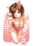  :3 animal_ears barefoot breasts brown_hair cat_ears cleavage crawling frills full_body glasses green_eyes head_tilt hyp idolmaster idolmaster_cinderella_girls jacket kemonomimi_mode long_sleeves looking_at_viewer maekawa_miku nightgown off_shoulder one_eye_closed paw_pose red-framed_eyewear short_hair small_breasts solo strap_slip 