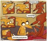 adventure_time anthro blush bodily_fluids brown_body canid canine canis cartoon_network comic cum cum_in_mouth cum_inside dialogue digital_media_(artwork) domestic_dog duo ejaculation english_text erection fellatio fox fur genital_fluids genitals hair hi_res jake_the_dog male male/male mammal mr._fox_(adventure_time) notsafeforwanking nude oral penile penis selfcest sex simple_background small_penis spreading square_crossover tail text