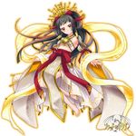  :&lt; amaterasu_(mythology) angry bare_legs barefoot blood_of_dragon blush breasts circlet detached_sleeves forehead_jewel headdress japanese_clothes jewelry long_hair miko musora navel necklace obi official_art sash small_breasts solo tied_hair underboob yellow_eyes 