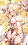 aile_(crossroads) armor arms_up black_legwear blonde_hair breasts crown fate/apocrypha fate/grand_order fate_(series) gauntlets headpiece highres jeanne_d'arc_(fate) jeanne_d'arc_(fate)_(all) large_breasts long_hair looking_at_viewer lying on_back planted_sword planted_weapon purple_eyes restrained revision shield shirt skindentation solo sword thighhighs thighs torn_clothes torn_legwear torn_shirt underboob weapon 
