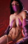  1girl 3d abs absurdres bikini black_hair blurry breasts cameltoe collarbone depth_of_field from_below fugtrup gloves highres holding holding_weapon large_breasts looking_at_viewer mask micro_bikini mileena_(mortal_kombat) mortal_kombat_(series) mouth_mask navel ninja_mask paid_reward_available pov protected_link sai_(weapon) short_hair skeleton slit_pupils solo swimsuit toned toned_female weapon yellow_eyes 
