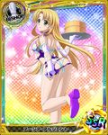  ahoge asia_argento bishop_(chess) blonde_hair blue_bra blue_panties bra card_(medium) chess_piece dress from_behind green_eyes high_school_dxd long_hair looking_at_viewer official_art panties solo torn_clothes trading_card underwear 