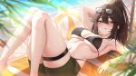  1girl :p ball beach beachball bikini black_bikini blurry blush bracelet breasts brown_hair commission depth_of_field dot_nose english_commentary eyewear_on_head glasses green_eyes green_shorts hair_between_eyes hair_intakes high_ponytail highres indie_virtual_youtuber jewelry kara_wilderwood large_breasts lens_flare looking_at_viewer lying multiple_bracelets on_back orange_nails panty_straps ponytail reclining ruru_(ruru_nnnn) second-party_source shorts skindentation solo sweat swimsuit thigh_strap tongue tongue_out virtual_youtuber water 