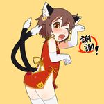 animal_ears blush brown_hair cat_ears chen chinese_clothes earrings elbow_gloves fang gloves jewelry looking_at_viewer looking_back multiple_tails no_panties one_eye_closed open_mouth paw_pose simple_background solo speech_bubble tail thighhighs torque touhou yellow_background yellow_eyes 