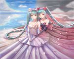  aqua_hair breasts cleavage cloud day dress elbow_gloves gloves hatsune_miku long_hair multiple_girls nikek96 red_eyes small_breasts twintails very_long_hair vocaloid water 