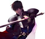  armor brown_gloves brown_hair cape eichi gloves male_focus one_eye_covered prince_(sennen_sensou_aigis) red_eyes sennen_sensou_aigis solo sword upper_body weapon white_background 