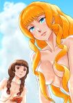  2girls aobito_sukoyaka_bystander blonde_hair blue_eyes blue_sky braid breasts brown_eyes brown_hair cloud collarbone commentary_request eyelashes from_below gundam hair_down hair_over_breasts kihel_heim large_breasts long_hair medium_breasts multiple_girls outdoors parted_lips pink_lips sky smile sochie_heim turn_a_gundam twin_braids wavy_hair wet 