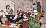  3boys ascot bananawani_(one_piece) beard beard_stubble black_hair blue_hair book buggy_the_clown cigar closed_mouth corded_phone crocodile_(one_piece) cross_pendant dracule_mihawk f4ylu facial_hair gloves hair_slicked_back highres holding holding_book holding_phone hook_hand jewelry multiple_boys mustache one_eye_closed one_piece paper phone ponytail purple_ascot red_nose ring shirt sitting smoke stitched_face stitches stubble tripping white_gloves white_shirt 