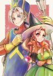  1boy 1girl alternate_costume arm_under_breasts black_hat blue_eyes blue_hat border breasts brown_eyes brown_gloves brown_hair closed_mouth commentary_request corset curtained_hair dragon_quest dragon_quest_viii dress earrings gloves hand_on_own_chest hand_on_own_ear hat heart highres holding holding_staff jessica_albert jewelry kukuru_(dq8) large_breasts long_hair mage_staff partial_commentary smile staff star_(symbol) twintails twitter_username upper_body urihara84 white_border white_hair witch_hat yellow_gloves 