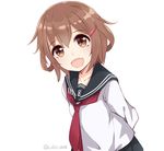  :d arms_behind_back blush brown_eyes brown_hair colis_(regunm772) collarbone commentary_request fang hair_ornament hairclip ikazuchi_(kantai_collection) kantai_collection looking_at_viewer open_mouth school_uniform serafuku shirt short_hair simple_background smile solo twitter_username white_background 