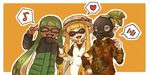  bad_id bad_pixiv_id closed_eyes domino_mask dress fangs glasses hat inkling jacket long_hair mask multiple_girls open_mouth pointy_ears saria_(tortart) simple_background splatoon_(series) splatoon_1 tentacle_hair wristband 