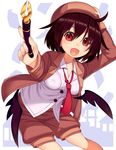  :d beret black_wings breasts brown_hair covered_nipples hand_on_headwear hat holding jacket medium_breasts mikan_(bananoha) necktie nipples open_clothes open_jacket open_mouth pen red_eyes see-through shameimaru_aya smile solo touhou wings 