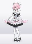  1girl :d absurdres apron black_dress black_hair black_shoes dress fang full_body hair_over_one_eye heart heart-shaped_pupils highres holding holding_tray index_finger_raised long_sleeves maid maid_headdress multicolored_hair original pantyhose pink_eyes pink_hair shoes simple_background smile solo streaked_hair symbol-shaped_pupils tray waka_(wk4444) white_apron white_background white_pantyhose 