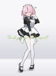  1girl :d ? @_@ absurdres apron black_dress black_hair black_shoes blush dress fang full_body hair_over_one_eye highres long_sleeves maid maid_headdress multicolored_hair original pantyhose pink_eyes pink_hair shoes simple_background smile solo streaked_hair sweatdrop symbol-shaped_pupils v-shaped_eyebrows waka_(wk4444) white_apron white_background white_pantyhose 