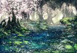  forest moss nature no_humans original outdoors petals pippi_(pixiv_1922055) rain scenery stream tree water wisteria 