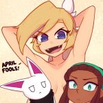  2girls april_fools arms_behind_head artist_self-insert black_scarf blonde_hair blue_eyes breasts breasts_apart brown_hair closed_mouth collarbone commentary convenient_censoring english_commentary english_text extra_arms fangs green_eyes green_hairband hairband highres jade_(xyronii) long_hair multiple_girls nelly_(xyronii) nude open_mouth original pointy_ears scarf smile split_mouth unamused xyronii yellow_background 