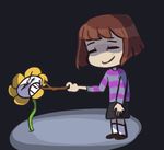  2015 ambiguous_gender angry brown_hair chrildraws_(artist) clothing duo eyes_closed flora_fauna flower flowey_the_flower hair human mammal not_furry plant protagonist_(undertale) smile stick undertale video_games 